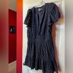 Anthropologie Navy Eyelet V-Neck Tiered Midi Dress